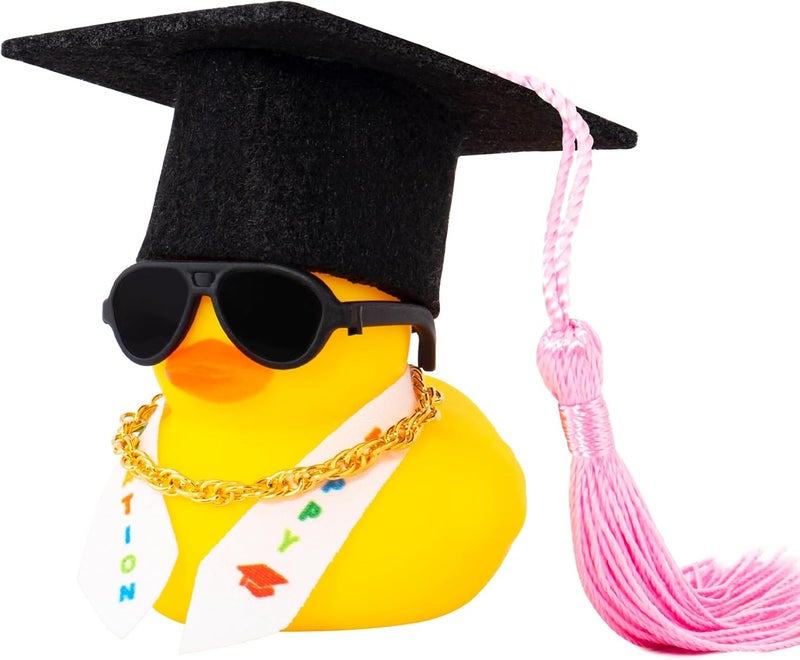 wonuu Graduation Stole Rubber Ducks, Dashboard Decorations Duck for Car Ornament Accessories with Hat Sunglasses Sash Chain (Pink) - Image 1